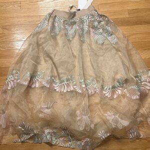 Elegant Tan Tulle Skirt with Floral Embroidery